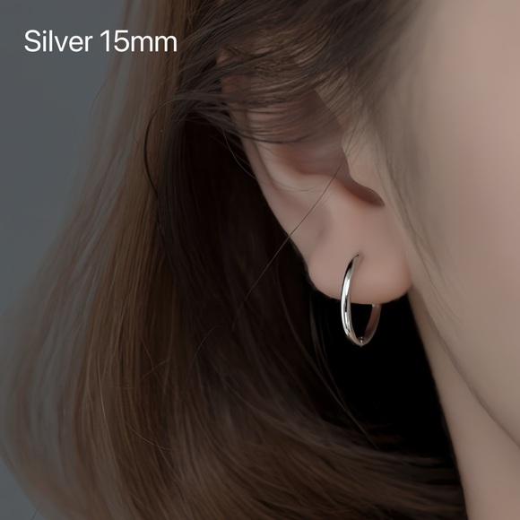 Plain silver small hoop earrings-silver 15mm-SH001 - Picture 3 of 7